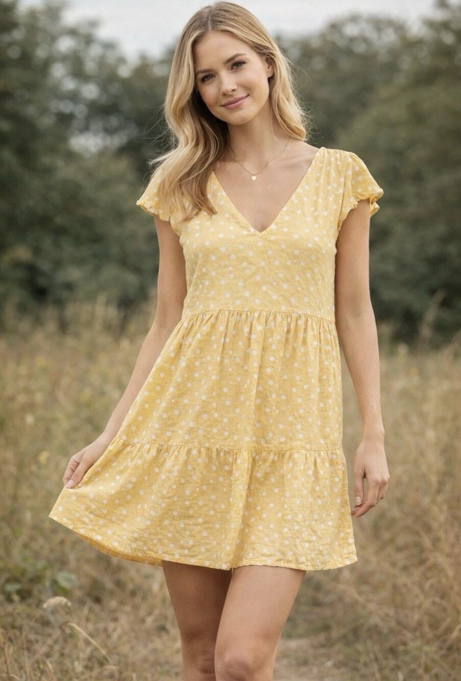 Abercrombie & Fitch Polka Dot Tiered Mini Dress XXSP Yellow Open Back Boho Linen